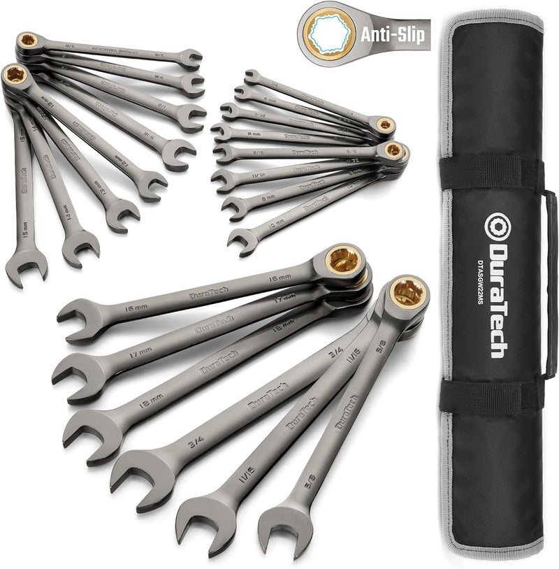 DURATECH Anti-Slip Ratcheting Wrench Set, Combination Wrench Set, 22-piece, Metric & SAE, 1/4" to 3/4" & 6-18mm, 72-Tooth, CR-V Steel, Nickel Plating, with Pouch - Image 1